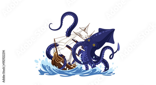 Giant Kraken Attacks Sailing Ship in Stormy Sea - Mythical Sea Monster Battle