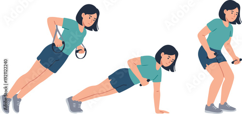 Vector illustration of a woman performing workout exercises, including tricep dips, dumbbell row in plank position, and squat movement. Ideal for fitness guides, training routines,