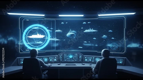 Two operators monitor holographic ship fleet in futuristic command center