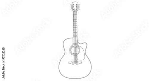 Acoustic Guitar Outline Drawing, Simple Line Art Illustration on White Background