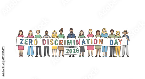 Illustration of diverse people holding a banner for Zero Discrimination Day 2026 with a colorful and inclusive design against a clean white background.