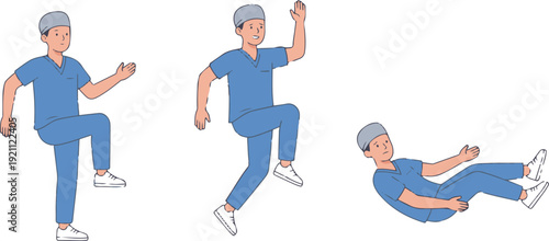 Vector illustration of a medical worker slipping and falling, showing stages of losing balance and getting injured, representing hospital safety hazards and accident prevention.