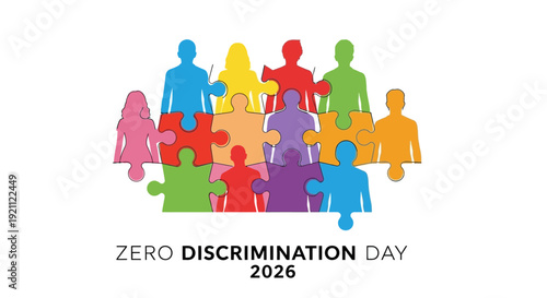 Illustration of diverse people icons in various colors for Zero Discrimination Day 2026, promoting equality and inclusion on a white background with a social justice theme.