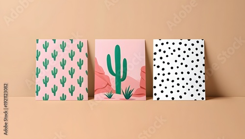 Three greeting cards are displayed against a beige background with cactus and polka dot designs