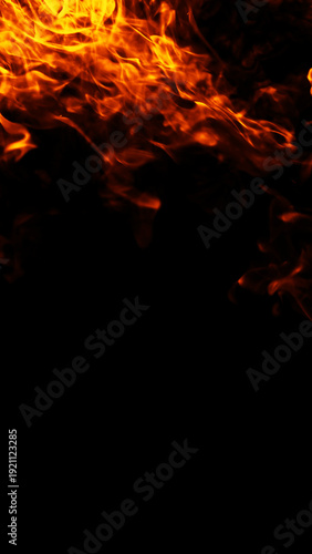 Vertical texture. Fire on isolated background. Perfect explosion effect for decoration and covering on black background. Concept burn flame and light texture overlays