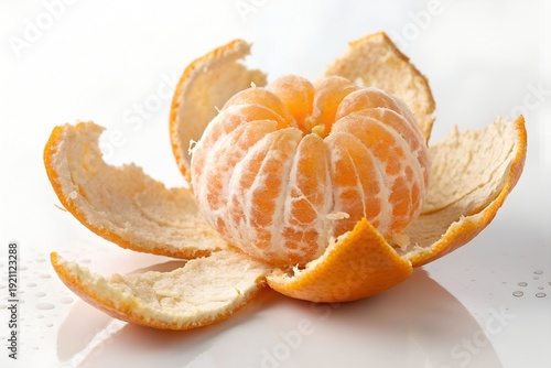 Freshly peeled mandarin orange segments reveal vibrant citrus texture with the bright orange rind partially opened on a reflective white surface.