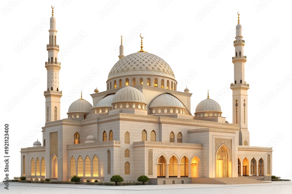 Obraz premium Magnificent ornate mosque with multiple domes and towering minarets, illuminated with warm golden light, standing as a beautiful symbol of Islamic architecture and spiritual tranquility against a clea