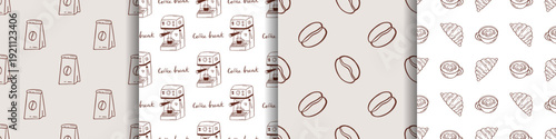 Vector seamless pattern collection with hand drawn coffee bag, espresso machine, coffee bean and croissant with cup and heart foam. Cozy brown line drink background set for cafe branding, packaging.
