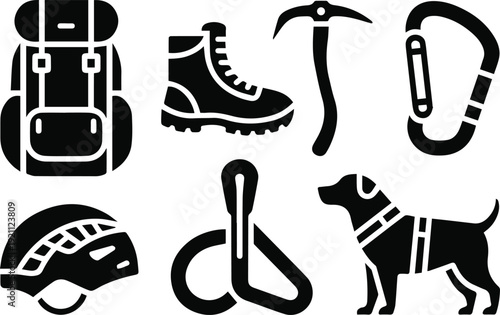 Hiking pack and trail equipment icons