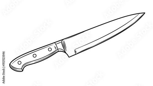 Illustration of a chef's knife with a sleek blade and riveted handle, set against a plain background. The knife exudes a sense of precision and utility.