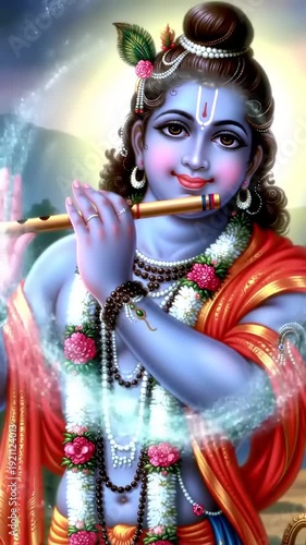 Lord Krishna playing his divine flute in a serene setting.