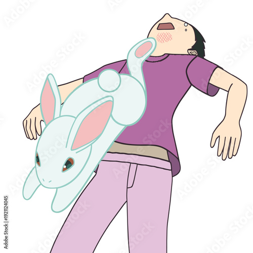 ウサギの後ろ足で顎を蹴られる男性の衝撃イラスト 決定的瞬間