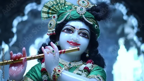Lord Krishna playing his divine flute in a serene temple setting.