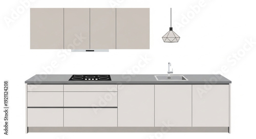 Modern kitchen island with integrated appliances and overhead cabinets.