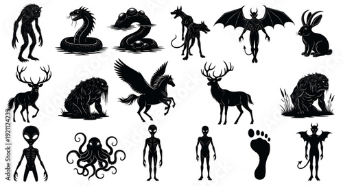 Collection of mythical creatures and fantasy monsters silhouettes.