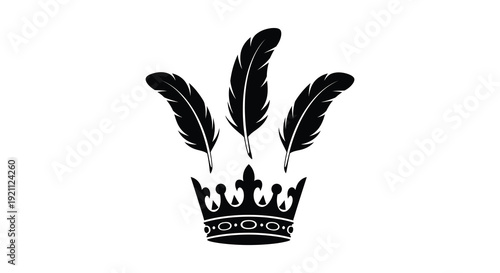 A striking composition of three feathers gracefully arranged above a regal crown presented as a silhouette high quality