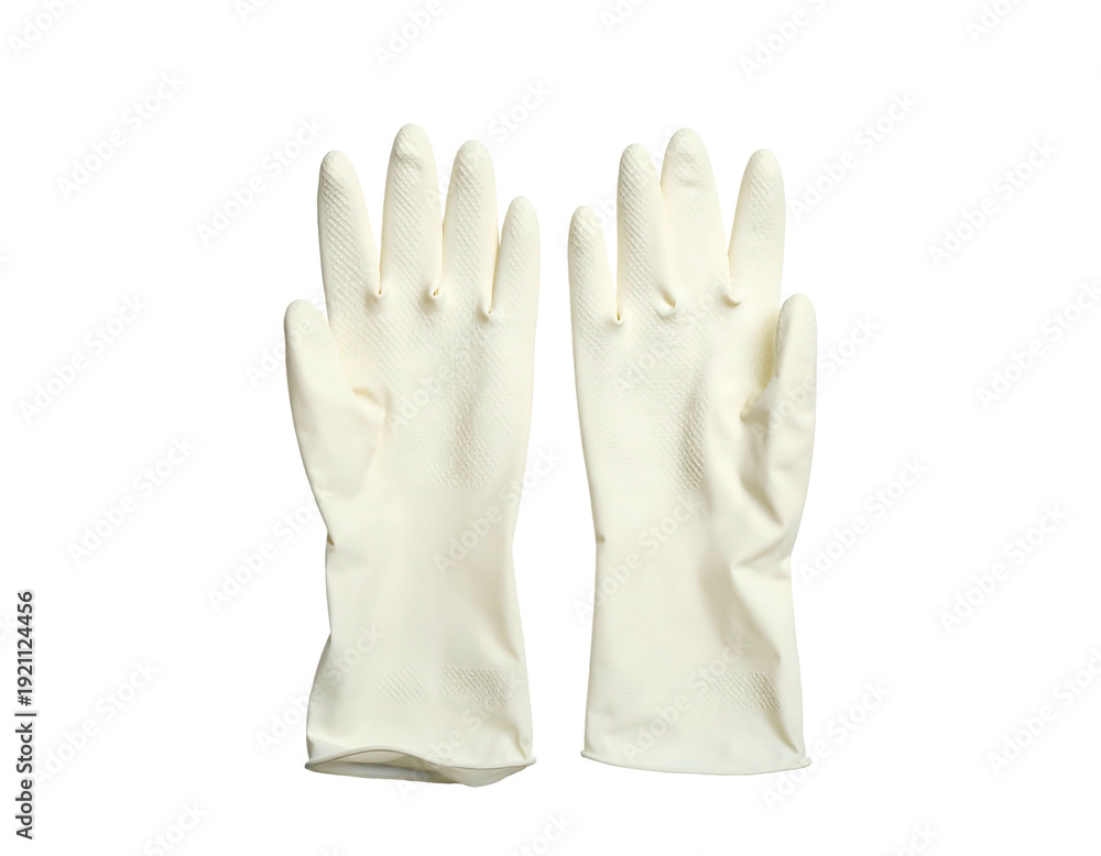 Obraz premium Pair of clean white rubber gloves for hand protection.