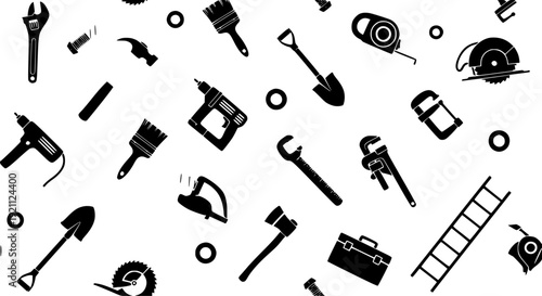 Black Hand Tools Silhouette Seamless Pattern with Construction Equipment Vector Background