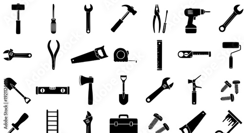 Seamless Tools Silhouette Pattern Black Construction and Repair Hand Tools Vector Background