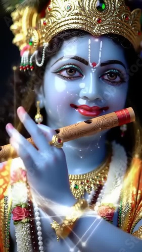 Lord Krishna playing his divine flute with glowing aura.