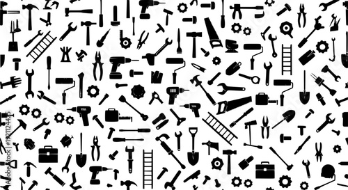 Seamless Black Tools Silhouette Background Pattern with DIY and Workshop Equipment Icons