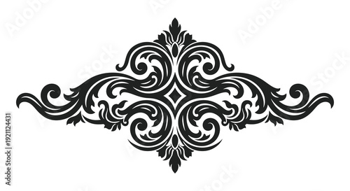 An ornate symmetrical black flourish design with swirling details and intricate curves presented as a silhouette high quality