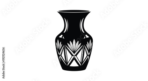 An elegant black vase with cut glass detailing is prominently displayed against a clean white background silhouette