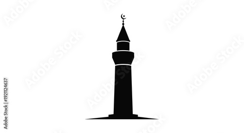 A striking black silhouette depicts a traditional islamic mosque minaret against a plain white background silhouette high quality