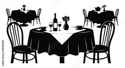 An elegantly set dining scene with tables chairs glassware and floral arrangements depicted as a silhouette high quality