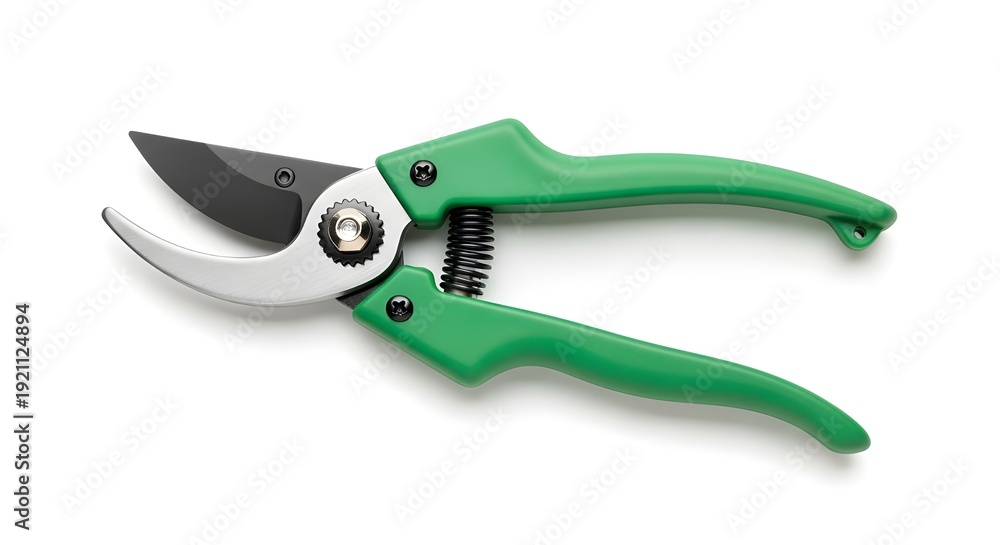 Fototapeta premium A pair of green and silver pruning shears on a white background