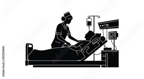 A stark depiction of a nurse attending to a patient in a hospital bed presented as a silhouette