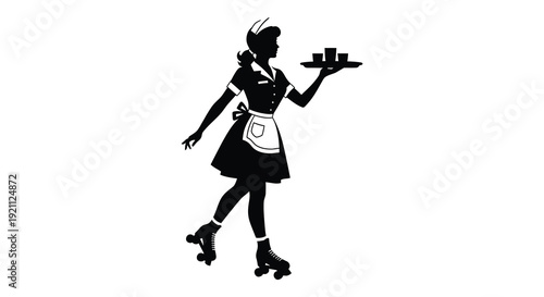 A retro waitress on roller skates carries a tray showcasing a classic diner aesthetic silhouette high quality professional