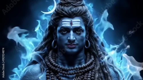 Lord Shiva Blue Fire Aura Mystical Deity Portrait.