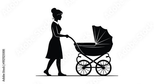 A striking black silhouette depicts a mother gently pushing a classic baby carriage evoking timeless parenthood silhouette
