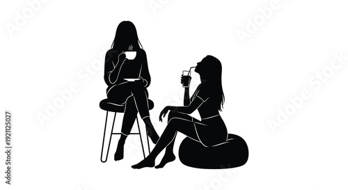 Two women are depicted enjoying drinks and conversation in a minimalist black silhouette high quality professional detailed modern