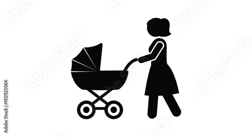 A simple black graphic depicts a woman pushing a baby carriage representing motherhood and care silhouette high quality