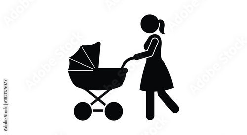A minimalist depiction shows a woman pushing a baby carriage focusing on form and shadow silhouette high quality