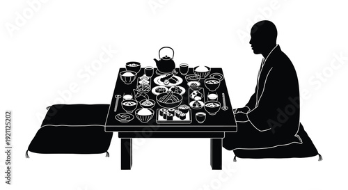 A traditional japanese tea ceremony is depicted with a seated figure and various tea set items silhouette