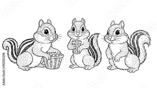 Illustration of three cute chipmunks; one holding a basket of nuts, another with an acorn, and the third sitting contently. Black and white sketch style.
