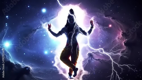 Lord Shiva Dancing in Cosmic Universe with Lightning and Stars.