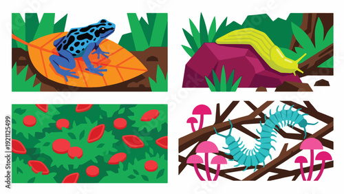 Tropical Forest Floor Poison Dart Frog and Fungi Set
