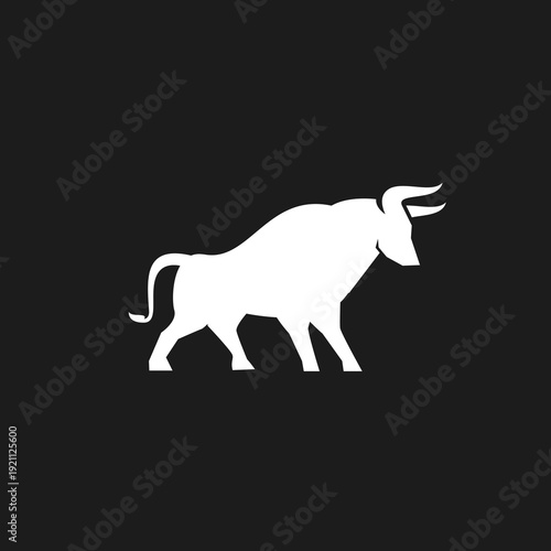 Powerful White Geometric Bull Silhouette Logo Icon Design on Black Background Representing Strength