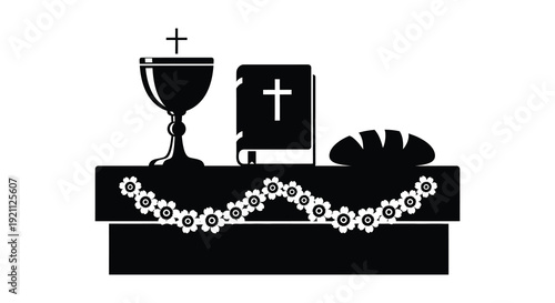 A stark black silhouette depicts religious iconography with a chalice host bread and ornate details silhouette high quality