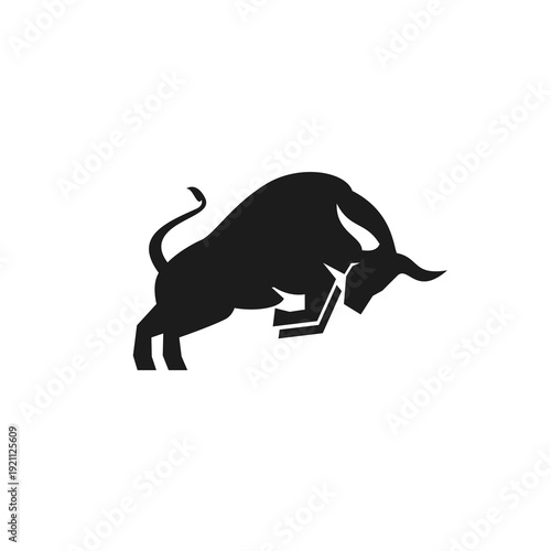 Aggressive Black Bull Silhouette Rearing Up. Powerful Charging Animal Vector Icon for Strength and Finance.