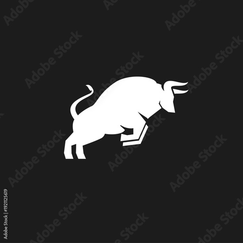 Dynamic White Bull Silhouette Leaping, Symbolizing Power, Strength, and Financial Markets on a Black Background