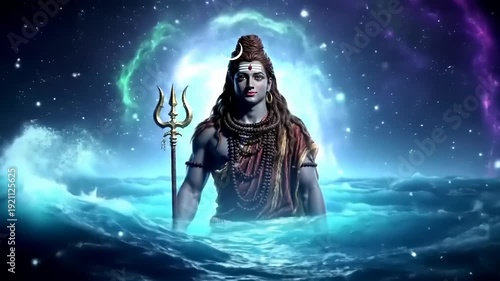 Lord Shiva Emerges from Cosmic Ocean Under Starry Sky.