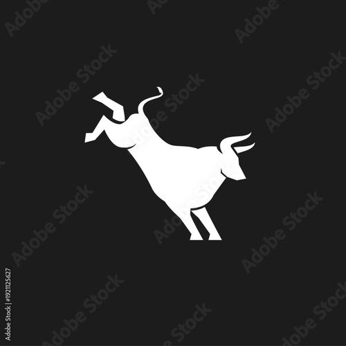 Dynamic white bull silhouette leaping or bucking on a black background. Modern graphic design representing strength, power, and agility for branding or sports themes.