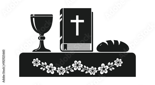 A stark depiction of religious symbols a chalice book bread and floral design in silhouette