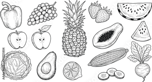 Detailed Hand-Drawn Produce Collection Featuring Pineapple Papaya Watermelon Avocado and Root Vegetables