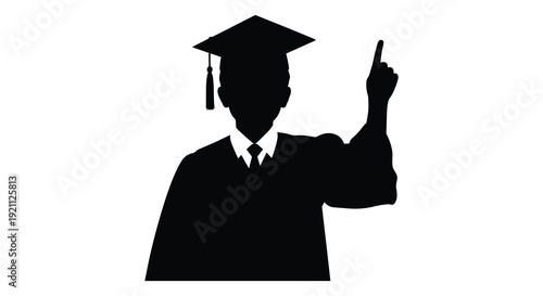 A graduate in academic attire raises a single finger in a thoughtful pose depicted as a silhouette